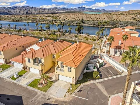 Aerial view of tan-roofed homes beside a river, with palm trees and mountains in the distance