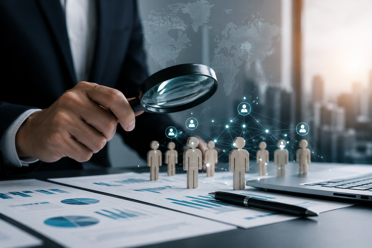 Businessperson inspecting small figures and data charts with a magnifying glass at a desk