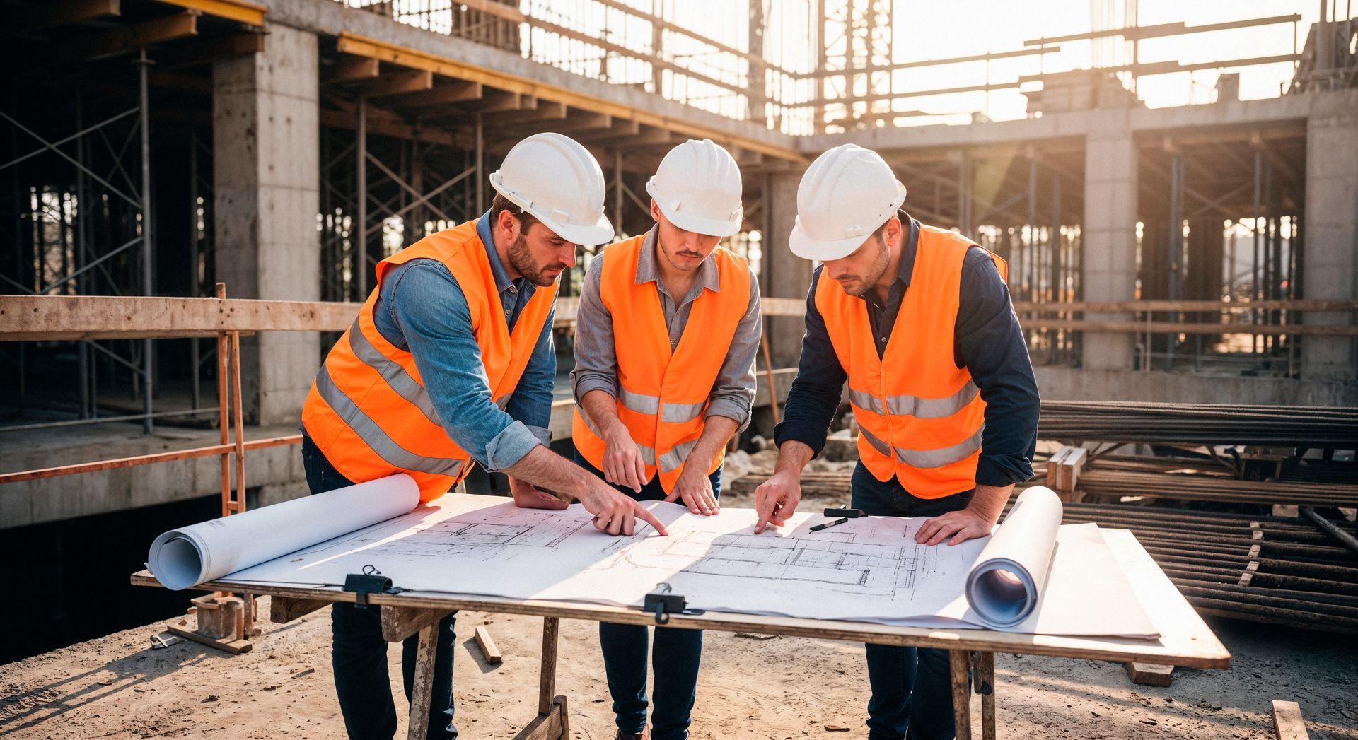 Three construction workers in orange safety vests review blueprints at a building site.