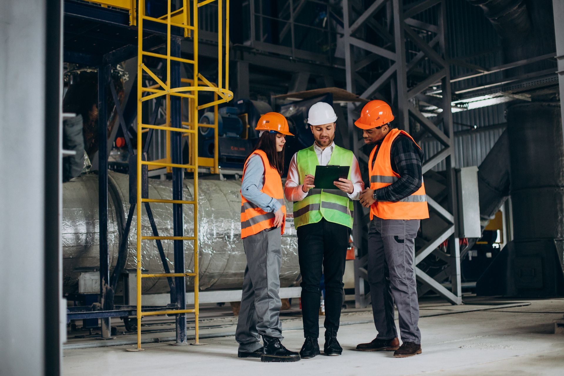 Three workers in safety vests and helmets reviewing plans in an industrial facility