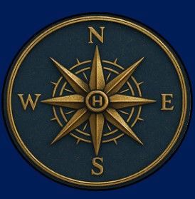 Gold compass rose with N, E, S, and W on a dark blue background