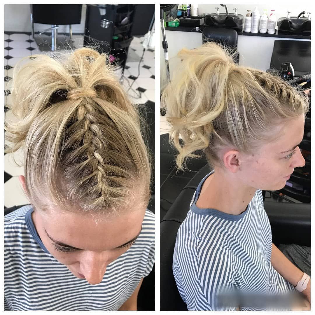A Woman With Blonde Hair is Wearing a Striped Shirt and a Braided Ponytail — Lush Hair Studio in Tumbi Umbi, NSW