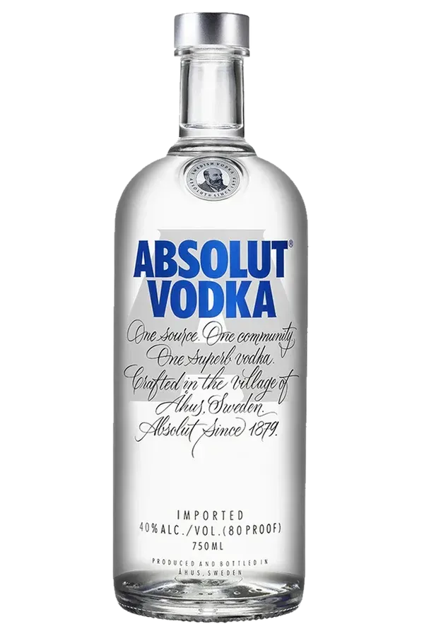Bottle of Absolut Vodka, clear glass with blue label, silver cap.