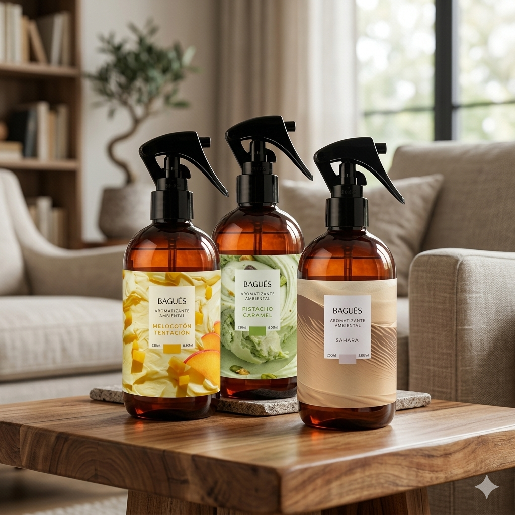 Tres botellas de spray de color ámbar sobre una mesa de madera en una luminosa sala de estar.