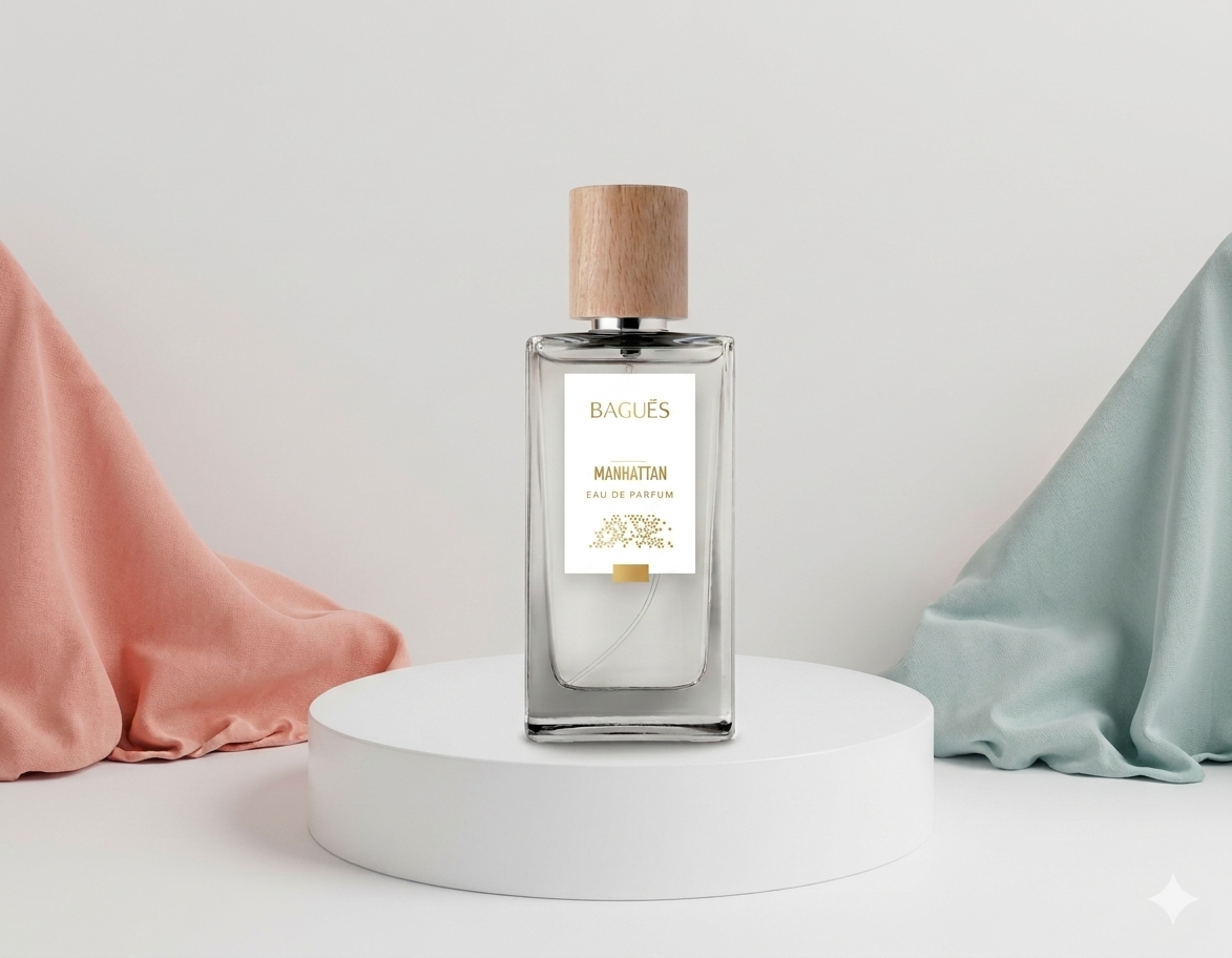 Frasco de perfume con tapón de corcho sobre pedestal blanco, enmarcado por tela drapeada en tonos rosa y verde salvia.
