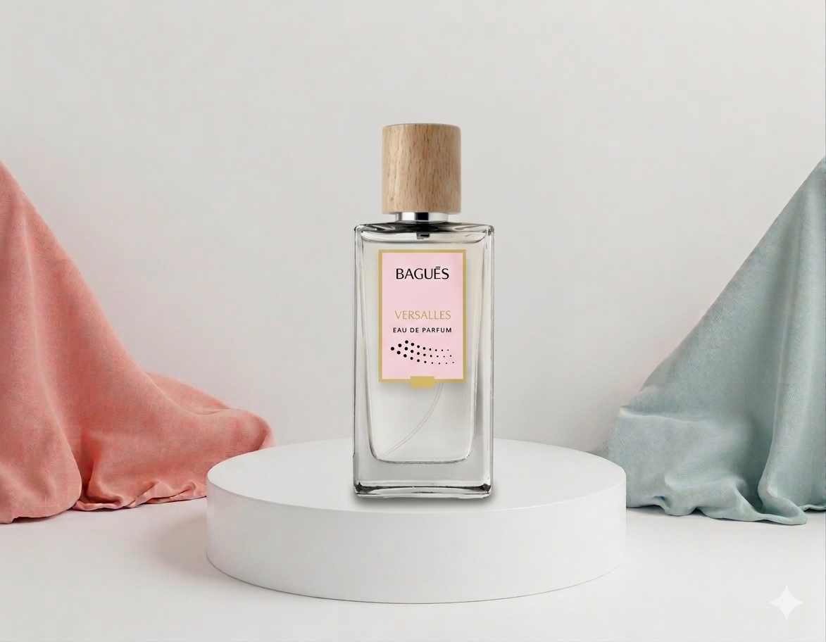 Frasco de perfume de vidrio con tapón de corcho sobre un pedestal blanco, flanqueado.