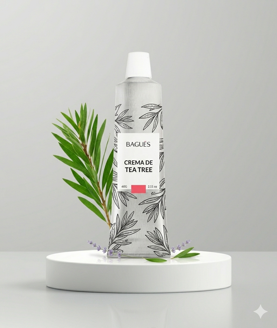Crema cosmética en tubo blanco sobre un pedestal redondo con hojas verdes y diseño floral.