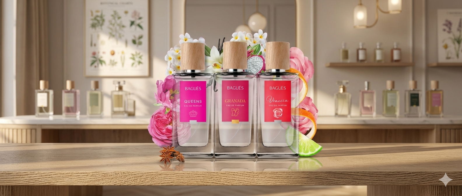 Tres frascos de perfume rosa sobre un mostrador de madera en una boutique con iluminación tenue.