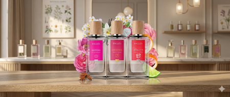 Tres frascos de perfume rosa sobre un mostrador de madera en una boutique con iluminación tenue.