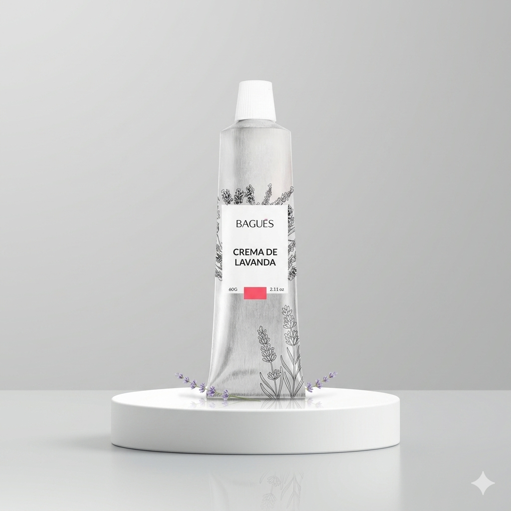 Frasco de cosméticos transparente sobre un pedestal blanco con ramitas de lavanda sobre un fondo gris.