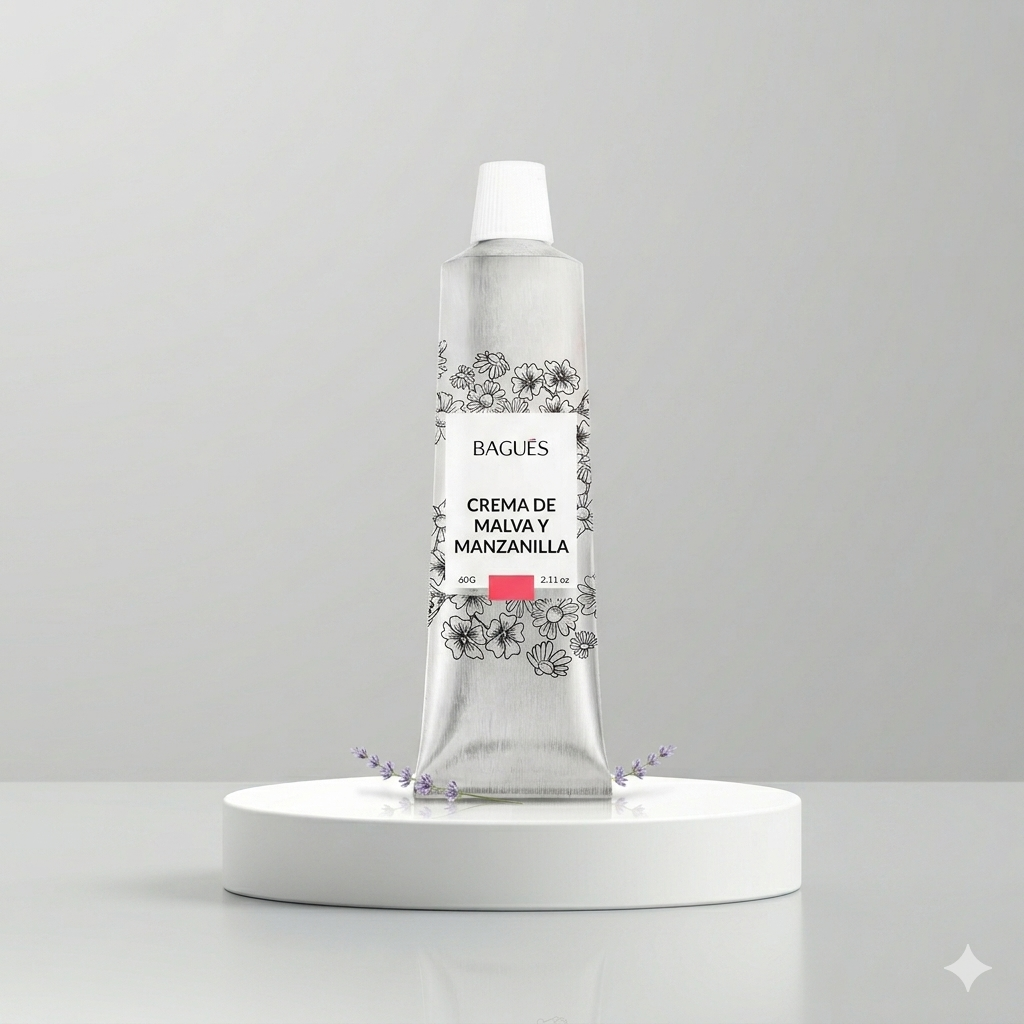 Tubo cosmético blanco con tapón plateado sobre un pedestal redondo blanco, sobre un fondo gris claro.