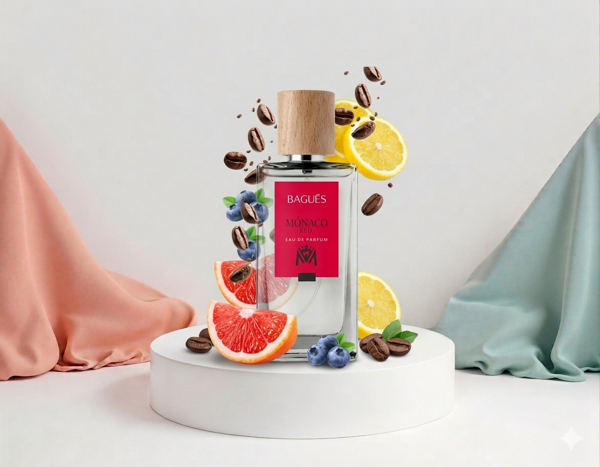 Frasco de perfume con rodajas de fruta y granos de café sobre un pedestal blanco, flanqueado por cortinas rosas y turquesas.