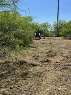 Person driving an off-road vehicle on a dry dirt path beside green brush and a utility pole under a blue sky