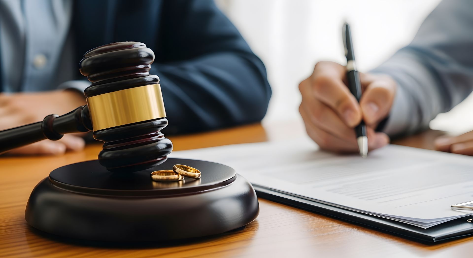 Close-up of legal documents being finalized through expert divorce attorney services. Close-up of legal documents being finalized through expert divorce attorney services.