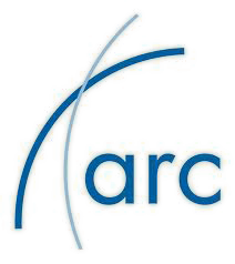 The arc logo is a blue and white logo with a blue arrow.