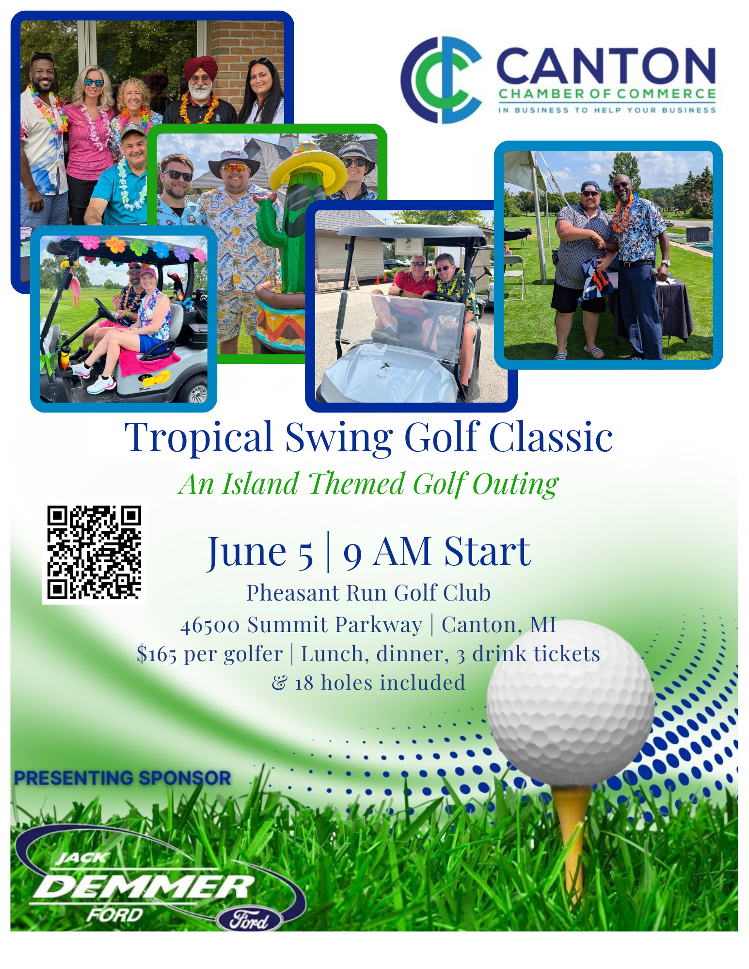 graphic design created for the canton chamber for the golf outing showing a gold ball, grass, margarita glass, and putting green with a flag in cartoon style.