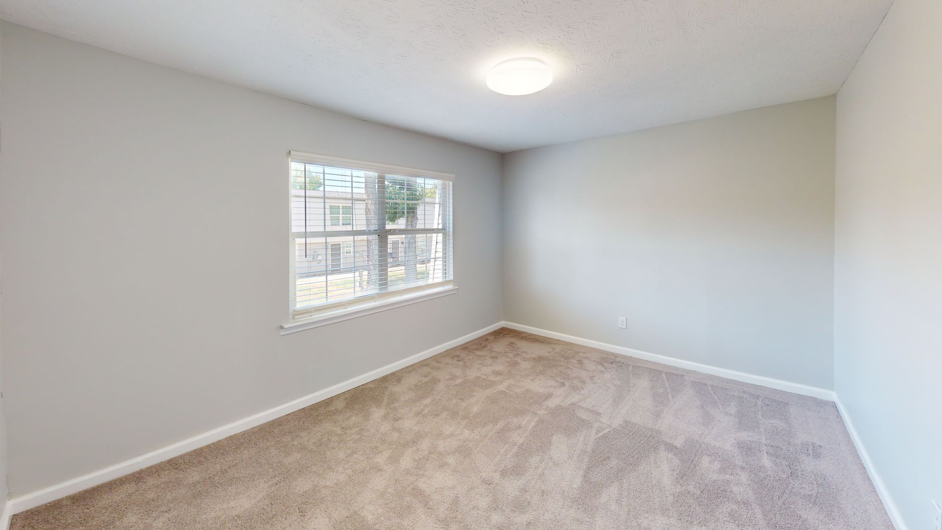 Empty carpeted bedroom with white walls, window, and ceiling light.