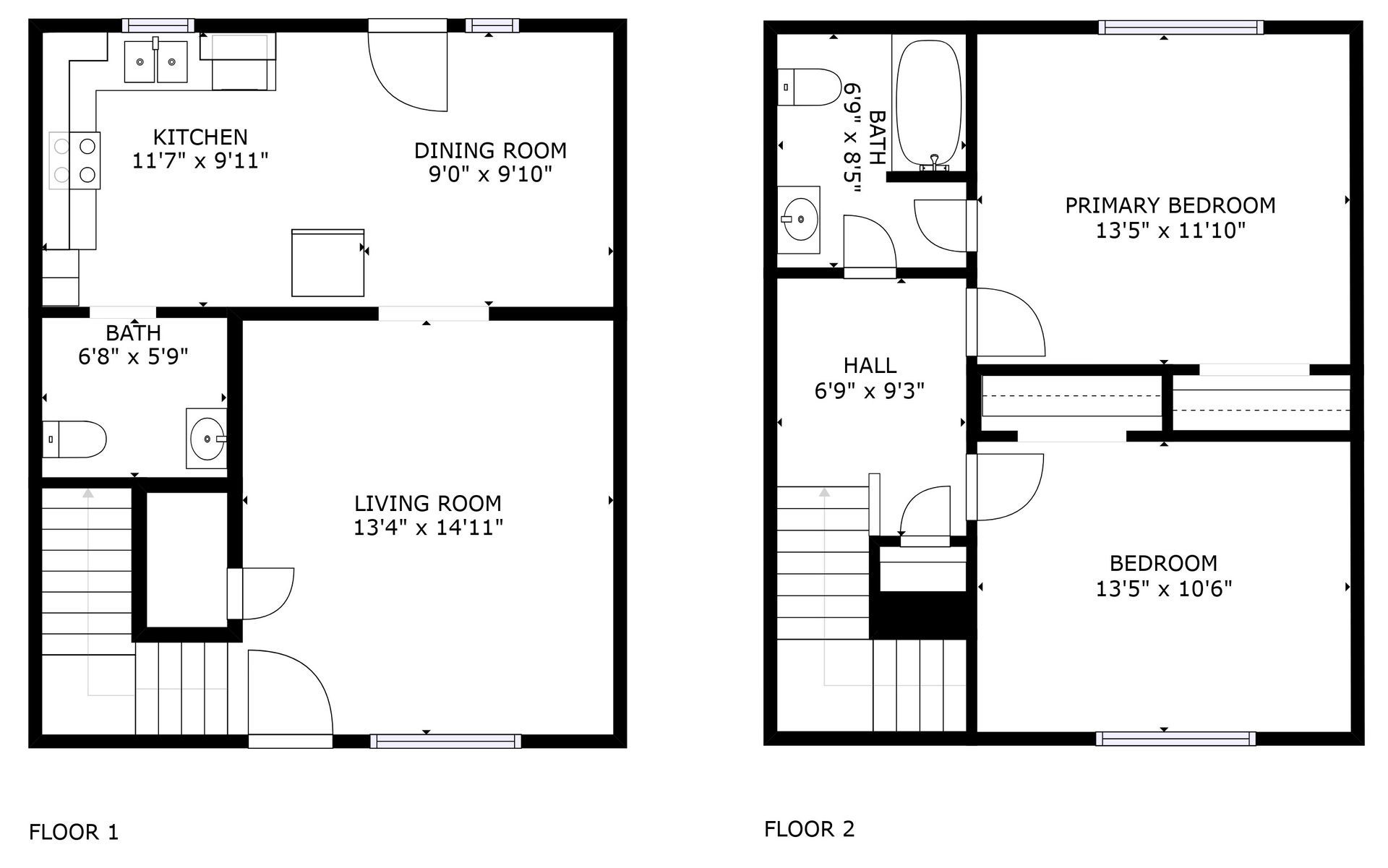 Two black-and-white floor plans labeled Floor 1 and Floor 2 with room layouts and dimensions