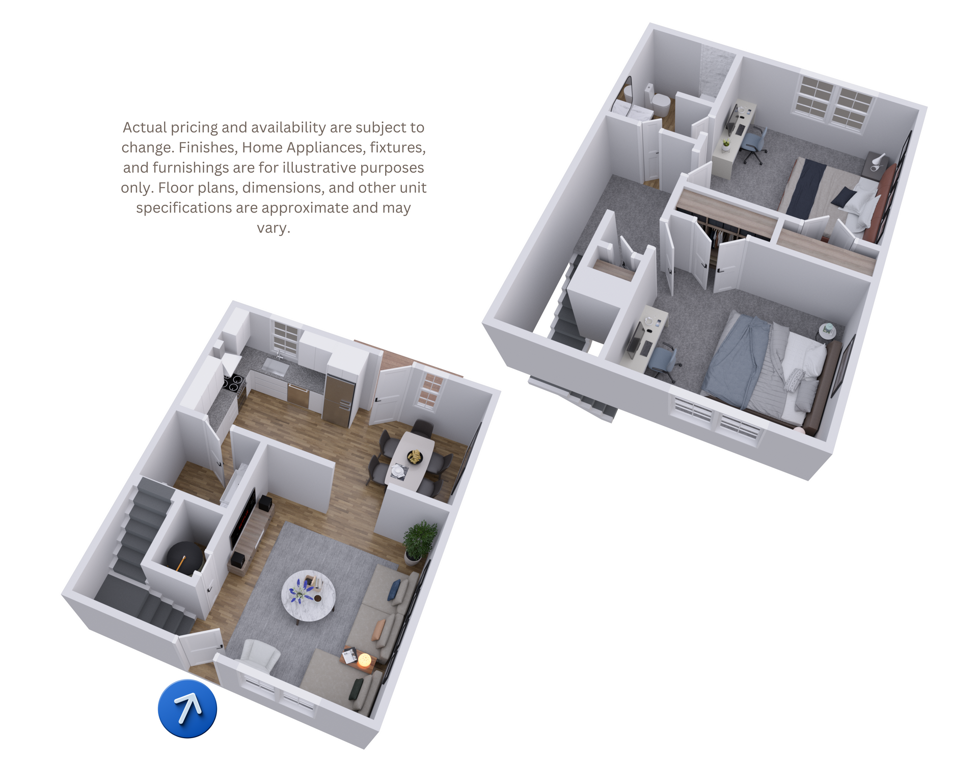 Apartment floor plan showing two furnished 3D room layouts in white and gray.