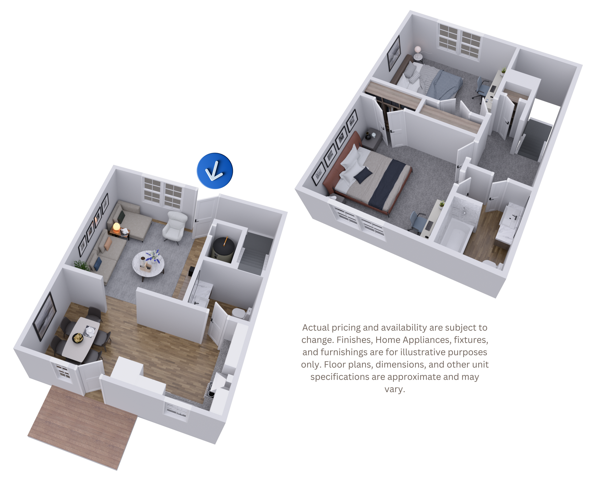 Two 3D apartment floor plans, one furnished living room view and one bedroom layout.