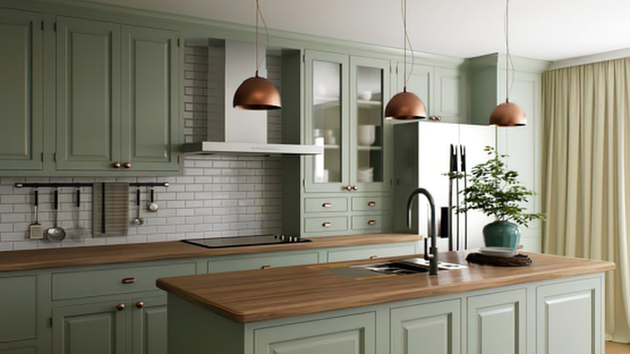 Sage green kitchen with wooden countertops, subway tile backsplash, copper pendant lights, and a kitchen island.