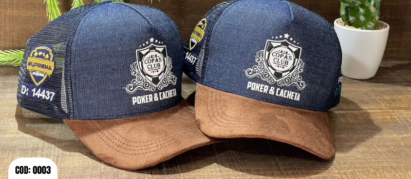 Boné Copas Club Poker e Cacheta - Jeans com aba em marrom