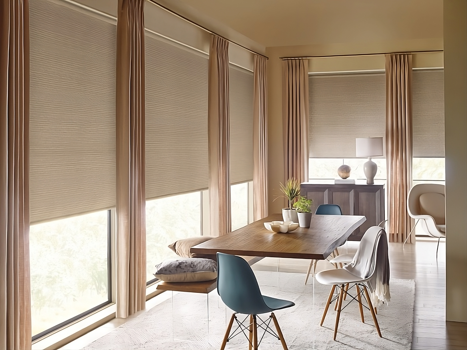 Custom Hunter Douglas window blinds for windows and doors in a chic and modern kitchen