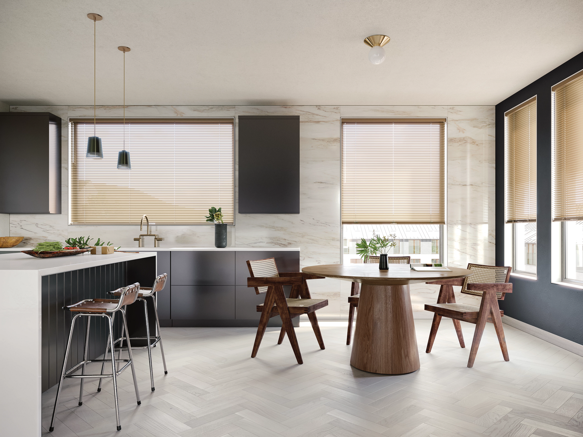 Custom Hunter Douglas window blinds for windows and doors in a chic and modern kitchen