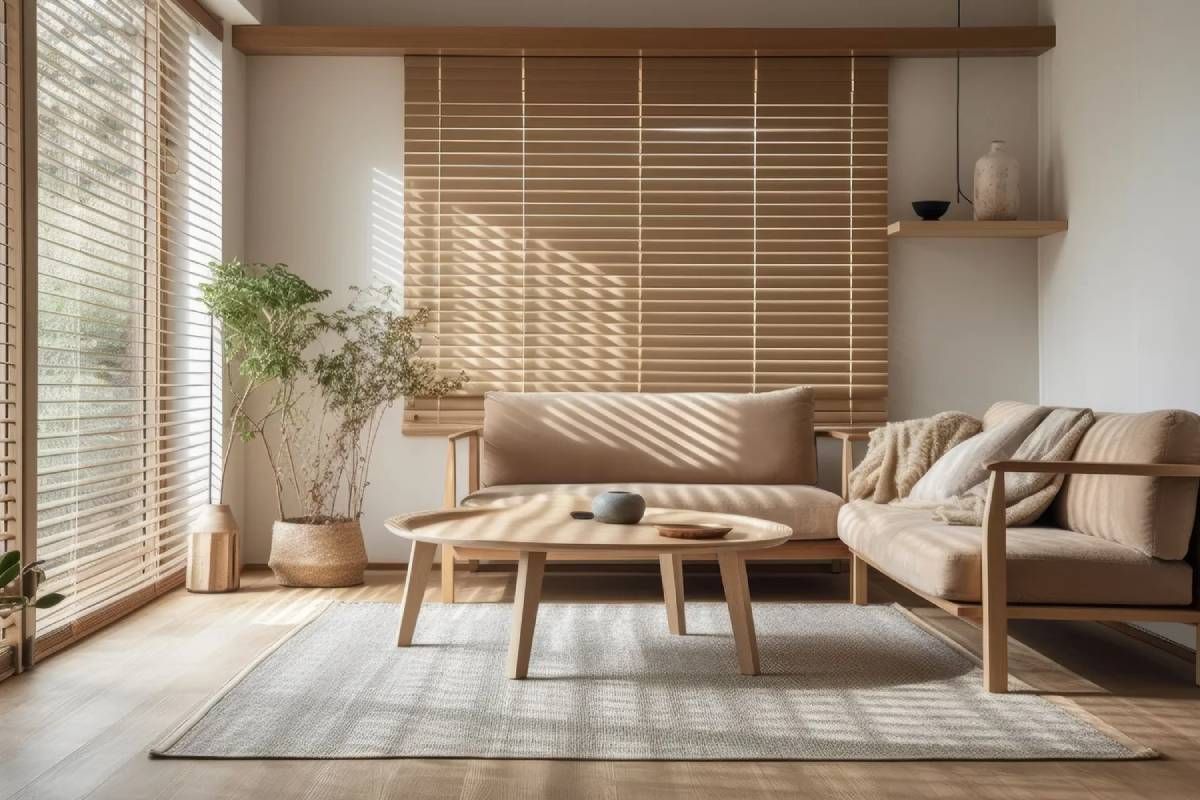 Organic Modern Living Room with Beige Sofa, Wood Blinds, and House Plants