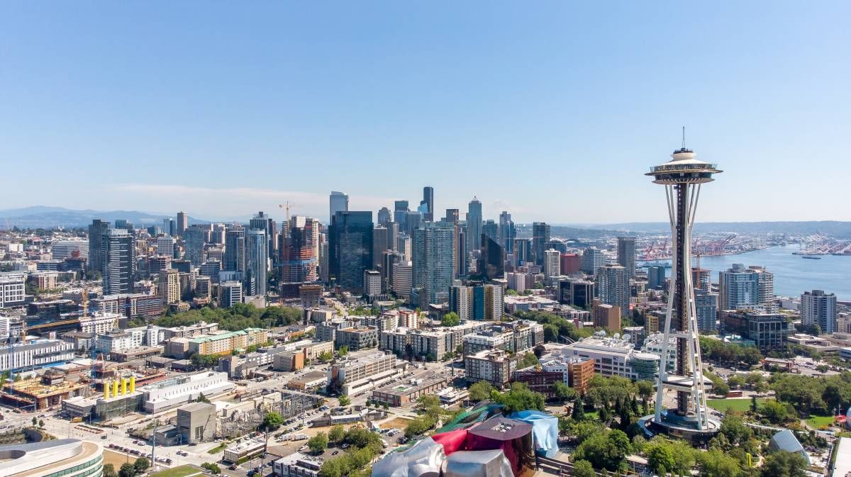 An aerial view of downtown Seattle, Washington, on a bright and sunny day