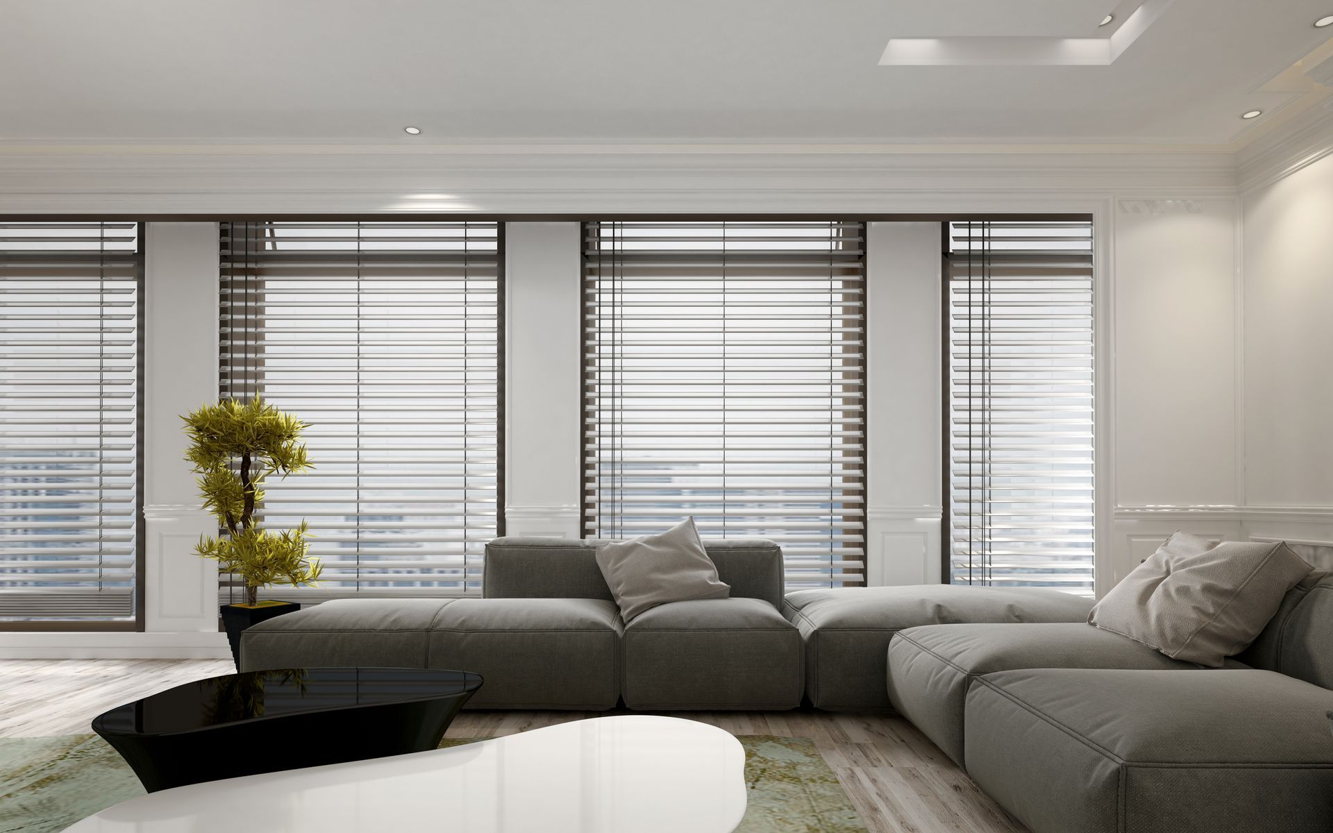 Stunning window blinds on large windows, overlooking an overcast day outside, in a residential livin