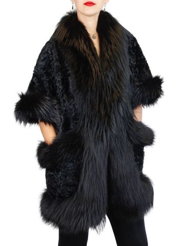 Vintage Camel Broadtail Paw Cape/poncho w/ Crystal Fox Fur Trim