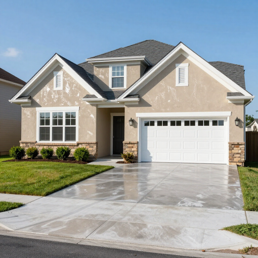 New beige suburban house with white garage and wet concrete driveway
