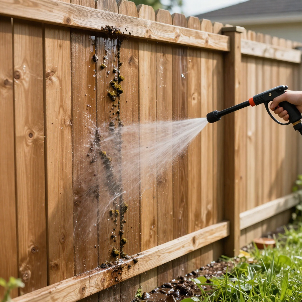 Person pressure-washing a wooden fence, blasting dirt and mold from the boards.