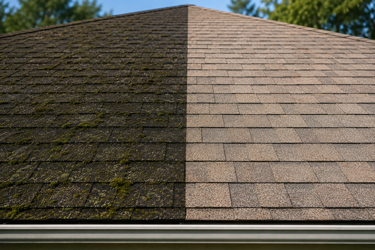 Roof with dark, mossy shingles on the left and clean tan shingles on the right, showing before-and-after replacement