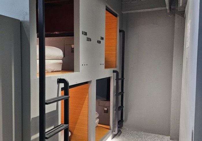 A room with a bunk bed and a ladder in it.
