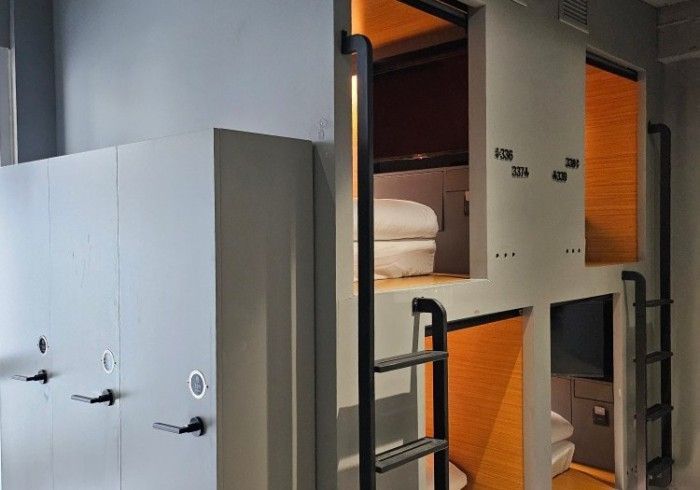 A room with a ladder leading to a bunk bed and a toilet.