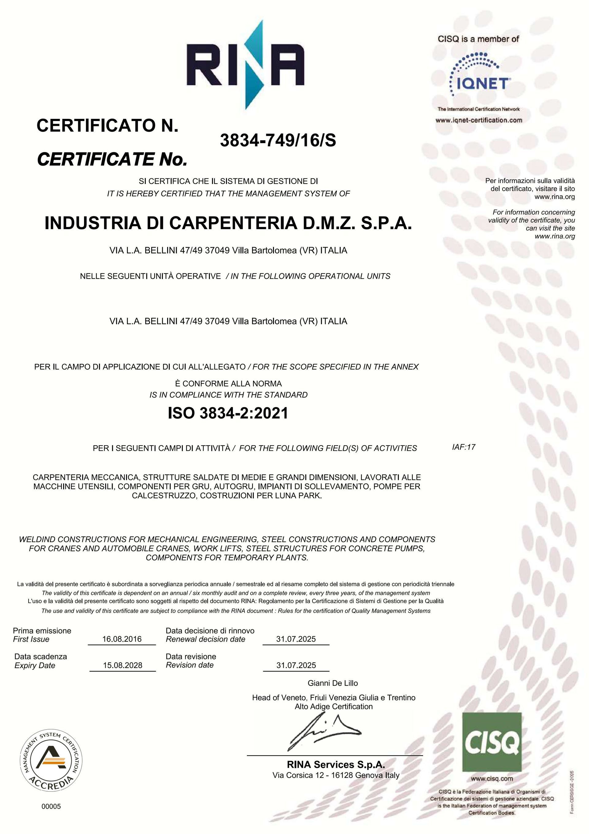 Certificato ISO 3834