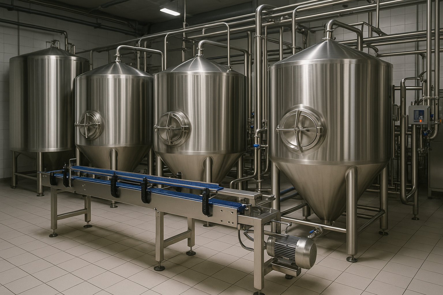 Serbatoi e tubazioni in acciaio inossidabile per birrificio in un impianto industriale.