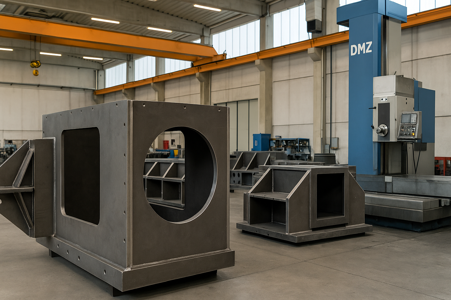 Grandi componenti metallici industriali all'interno di un'officina di fabbrica con una macchina DMG blu sullo sfondo.