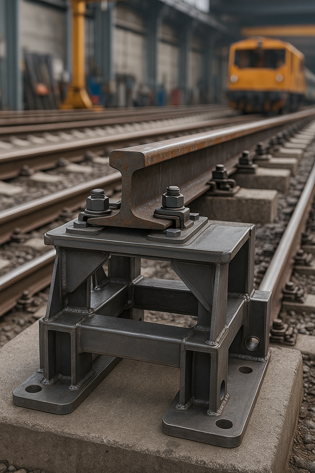 Primo piano di un meccanismo di scambio ferroviario con binari e un treno giallo sfocato sullo sfondo.