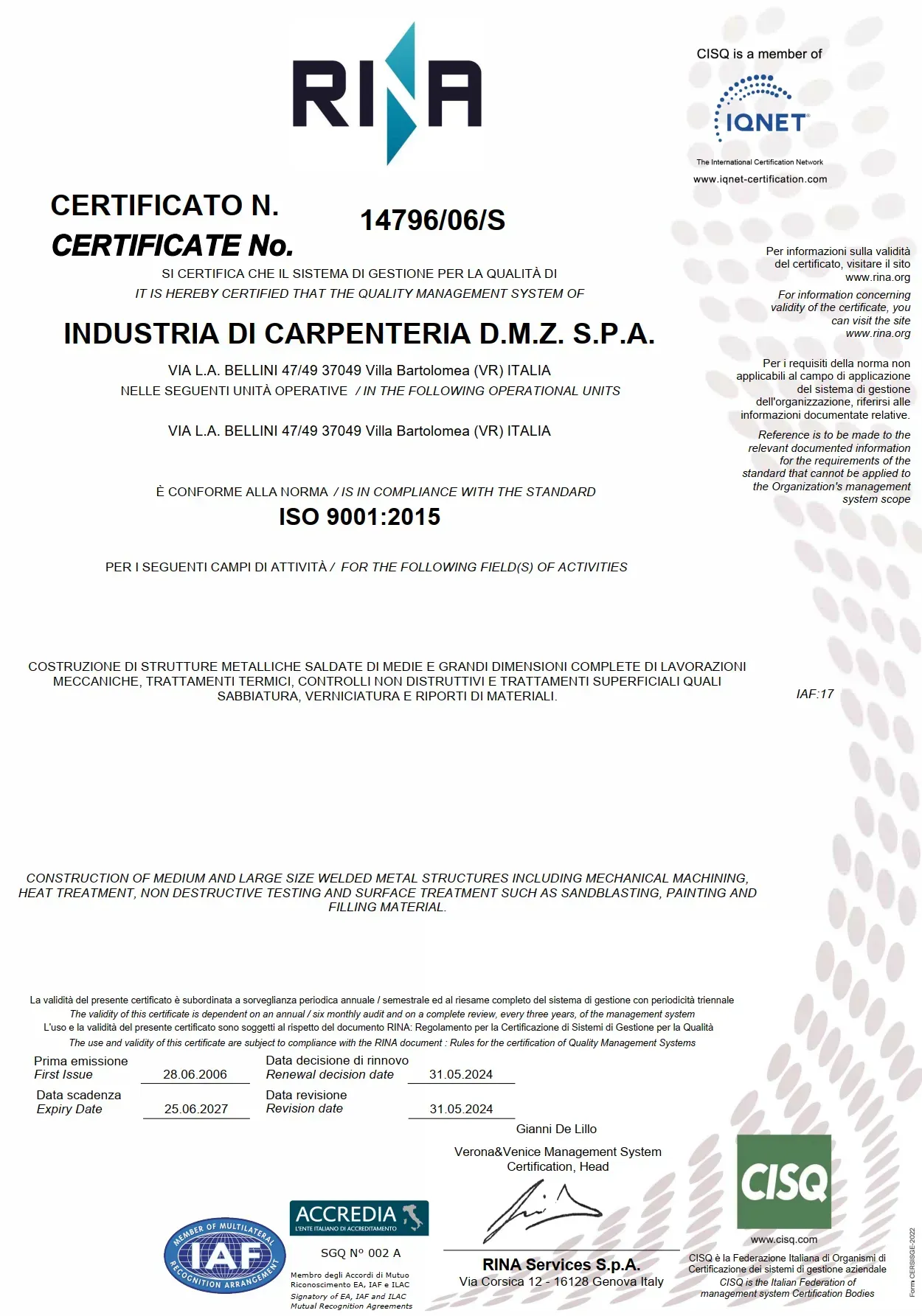 Documento di certificazione con logo RINA, numero di certificazione e marchio CISA verde su pagina bianca.