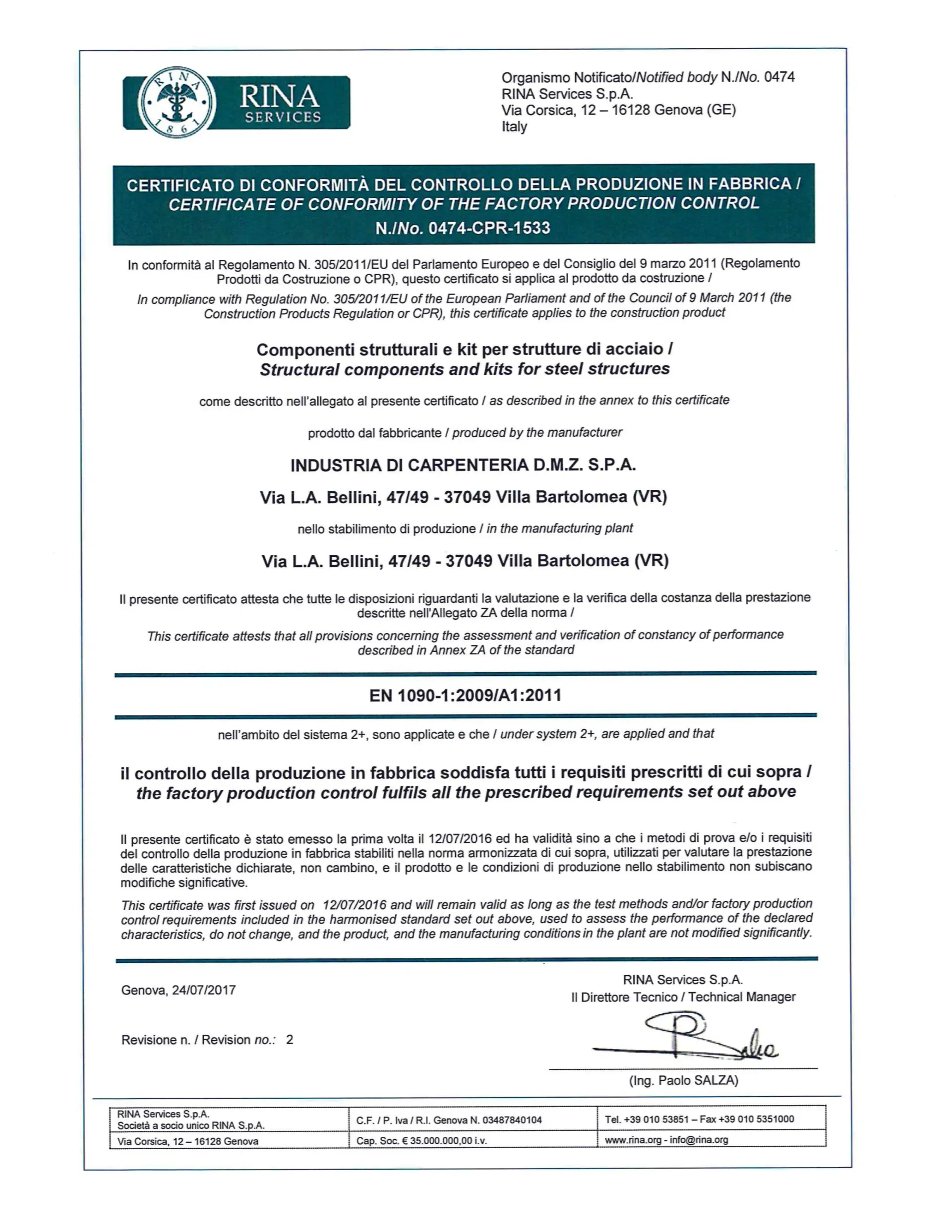 Documento di certificazione formale con intestazione color verde acqua e firma in calce.