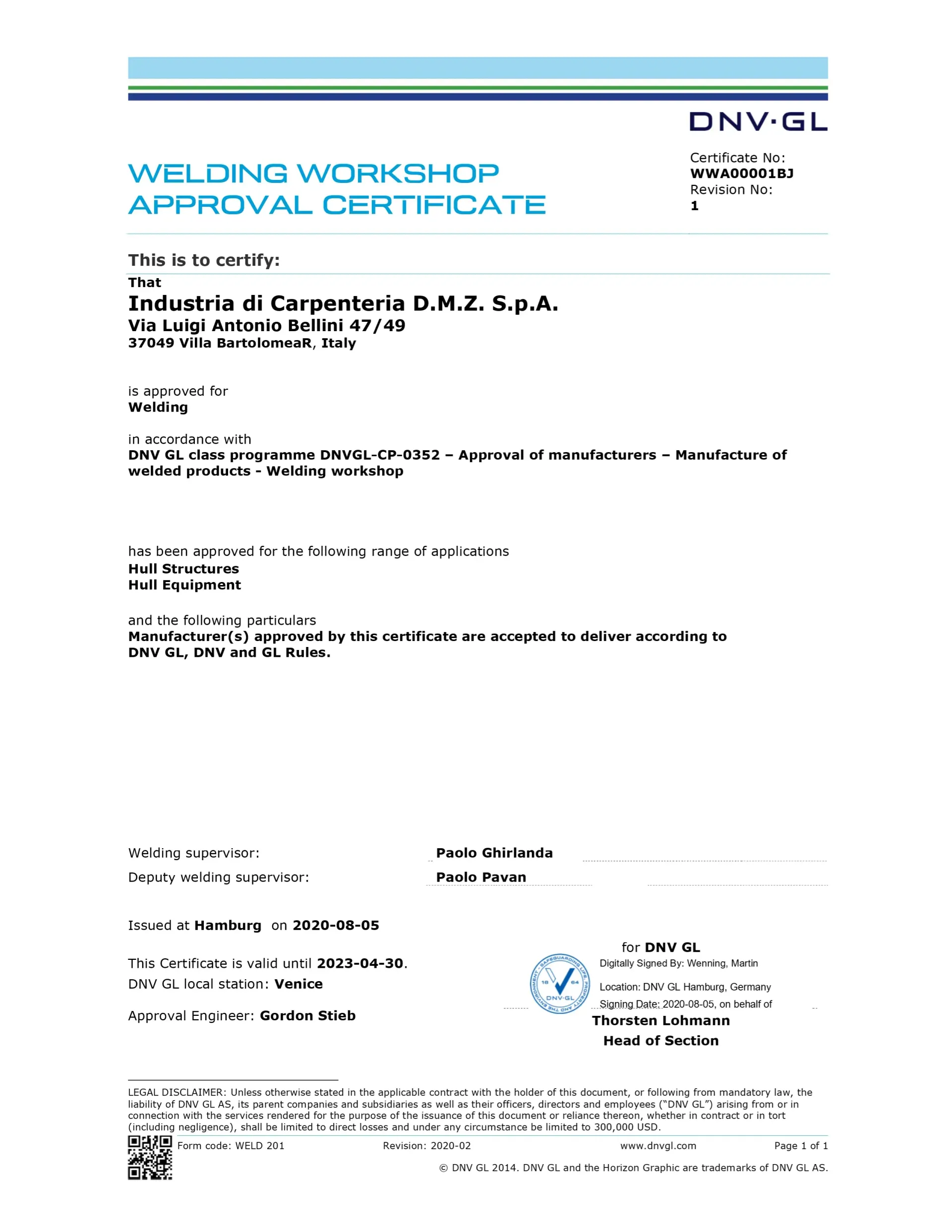 Certificato di approvazione per officina di saldatura DNV GL con intestazione blu e testo nero su pagina bianca.