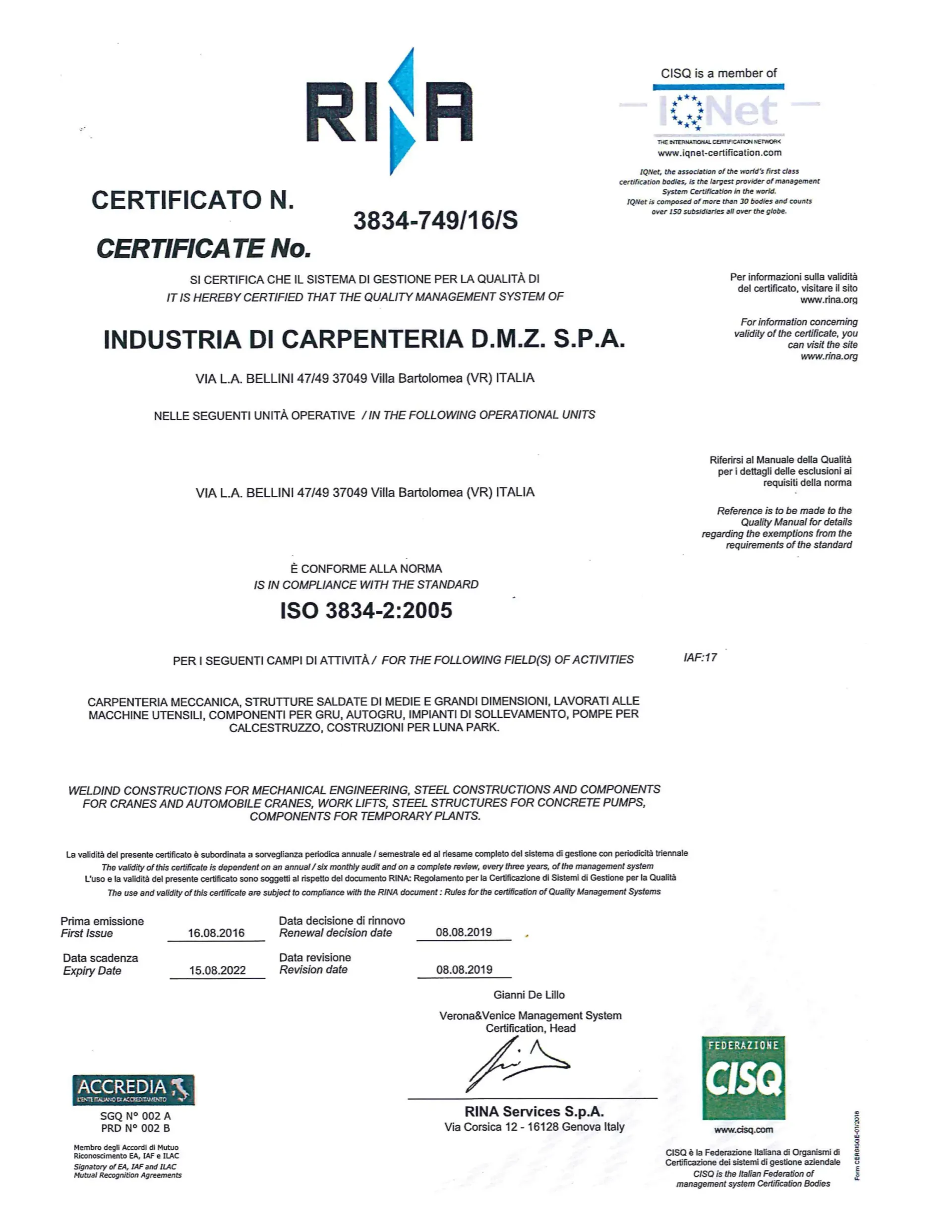 Documento di certificazione con i loghi RINA, IQNet e CISQ nella parte superiore e inferiore.
