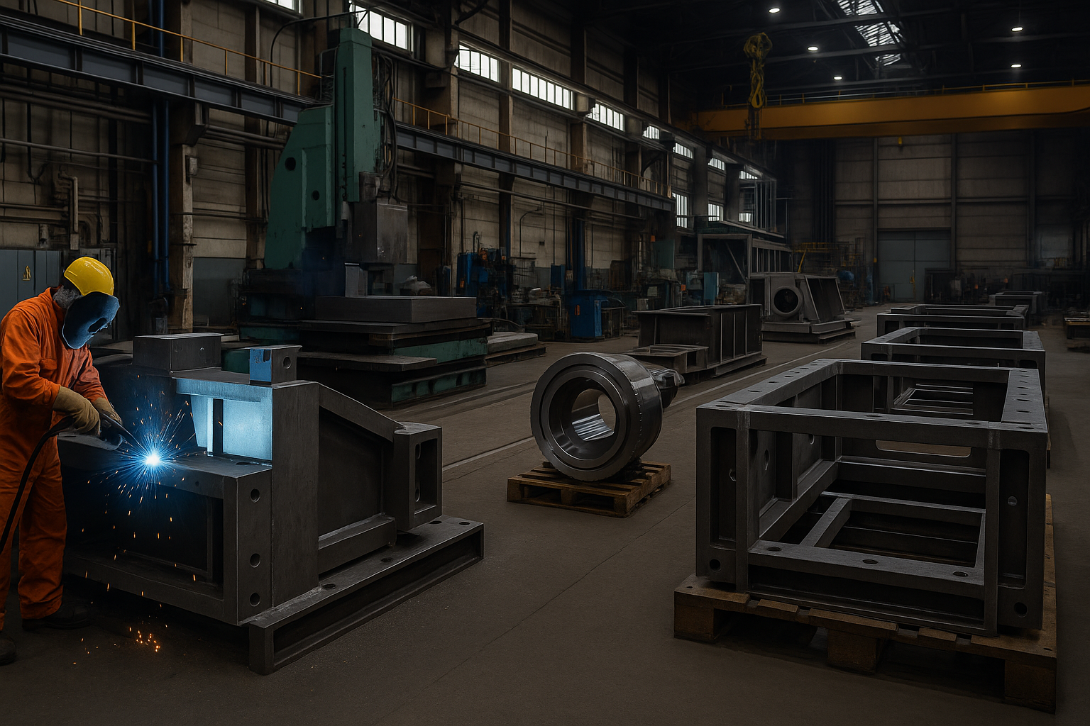 Operai che saldano parti metalliche in un'officina industriale poco illuminata, con grandi macchinari e telai nelle vicinanze.
