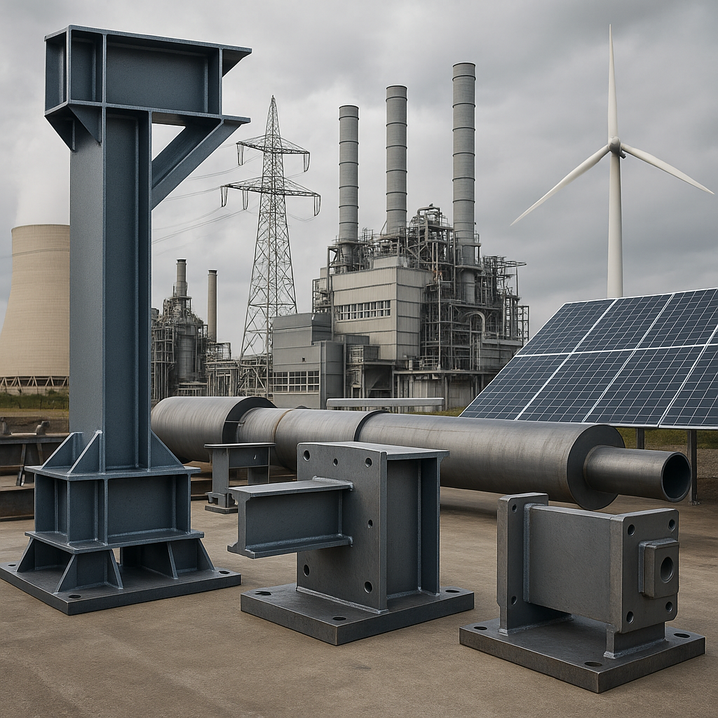 Tratti di condotte industriali con ciminiere di centrali elettriche, turbine eoliche e pannelli solari in un paesaggio grigio