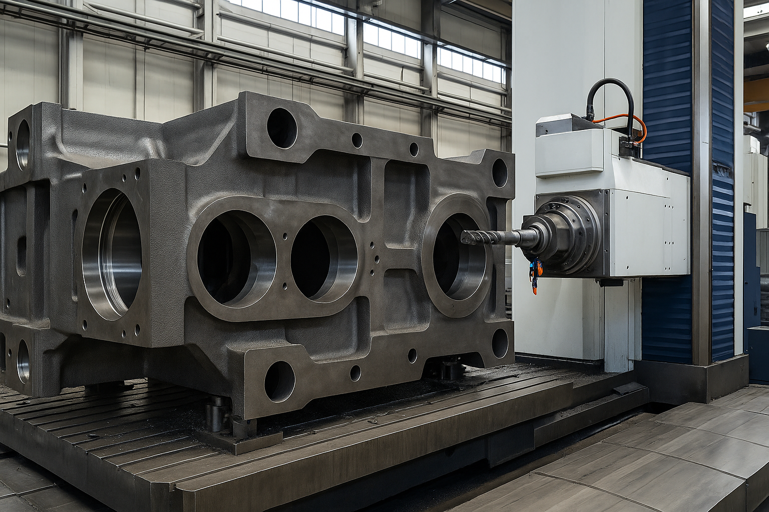 Un grande componente di una macchina industriale viene lavorato su una fresatrice CNC in un'officina di fabbrica.
