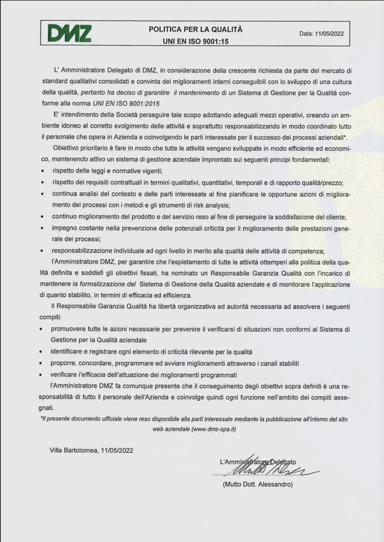 Memorandum ufficiale con marchio DMZ, con punti elenco, firma e piè di pagina datato, su carta bianca.