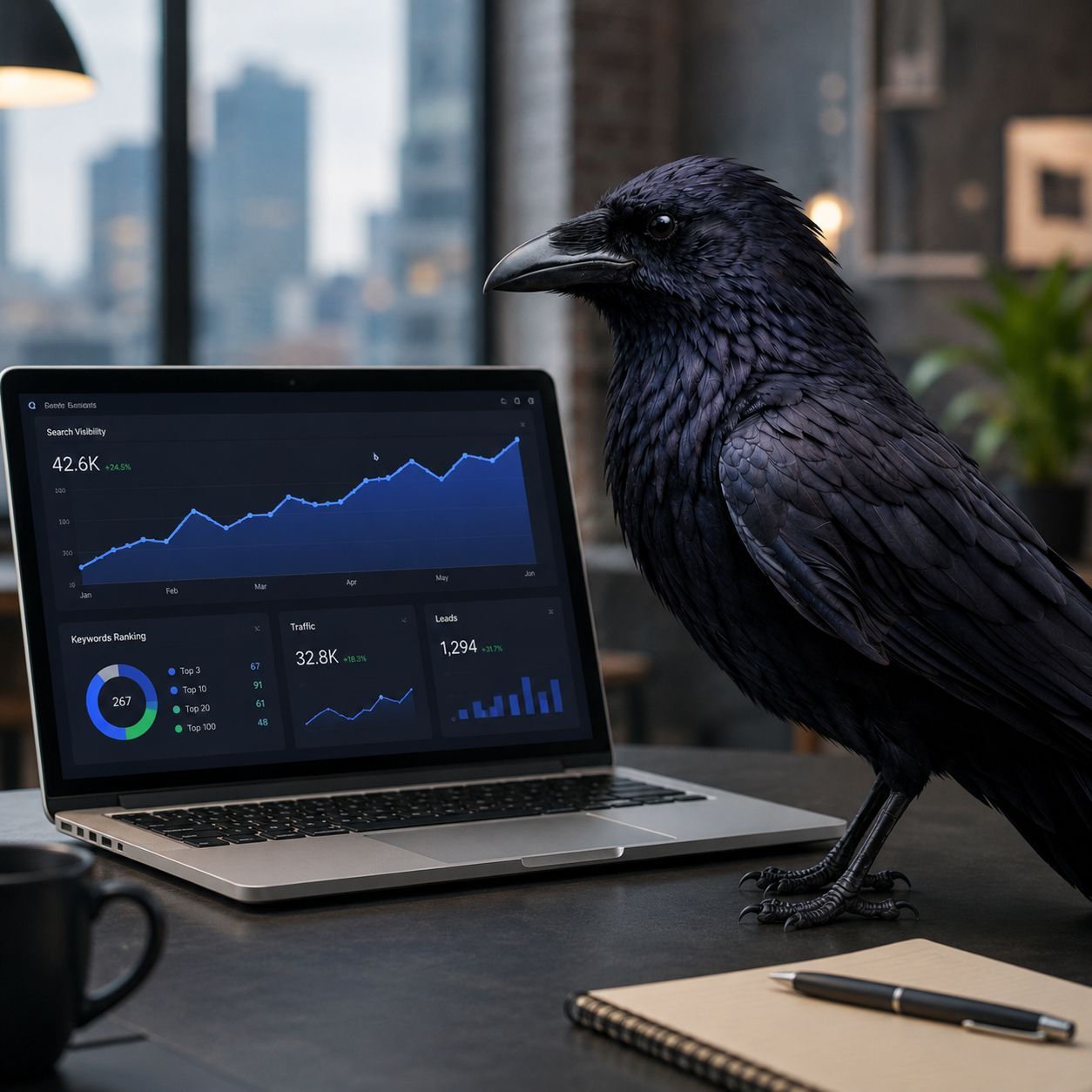 Raven perched on a laptop displaying SEO charts in a modern office setting